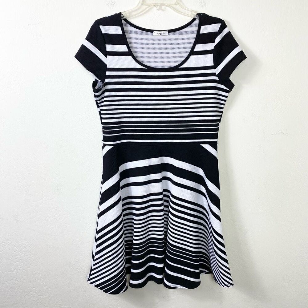 Persaya Black & White Striped Cap Sleeve Scoop Neck A Line Mini Dress Size XL